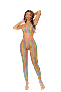 a woman in a rainbow colored bikini top and leggings