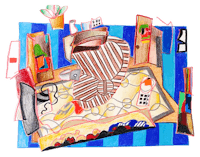 a drawing of a room with a striped floor