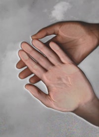 a pair of hands reaching out to each other in the sky