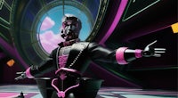 a character in a pink and black outfit is standing in front of a room