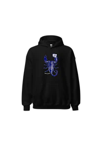 a black hoodie with an image of a scorpion on it