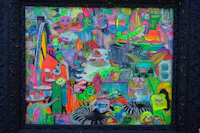a black frame with a colorful painting on it