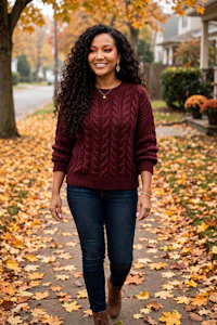a black woman wearing a burgundy cable knit sweater and jeans