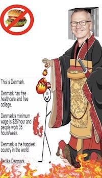 a cartoon of a man in a kimono holding a burger
