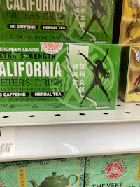 california tea on a shelf in a grocery store