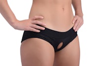 a woman wearing a black bikini with a hole in it