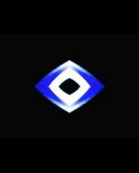 a blue and white eye logo on a black background