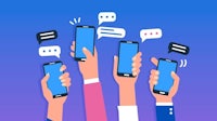 hands holding mobile phones with speech bubbles