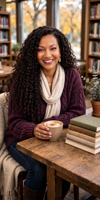 a woman with curly hair sitting at a table with a cup of coffee
