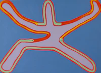a painting with a red, orange, and green star