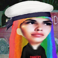 a cartoon of a girl with rainbow hair and a hat