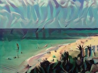 a painting of a beach with people on it
