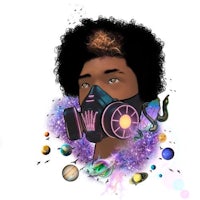 a black man with a gas mask and planets around him