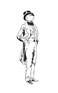 a black and white drawing of a man in a suit and hat