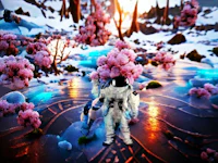 a man in a spacesuit is walking through a field of flowers