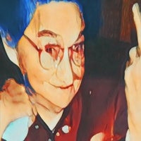 a painting of a woman with glasses and blue hair