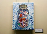 a painting of a mason jar hanging on a wall