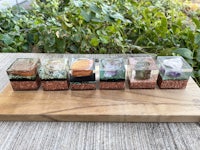a set of six glass cubes sitting on top of a wooden cutting board