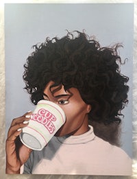 a painting of a woman drinking a cup of coffee