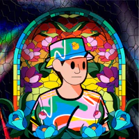 a man in a colorful hat is standing in front of a stained glass window