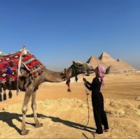 a woman is petting a camel in front of the pyramids