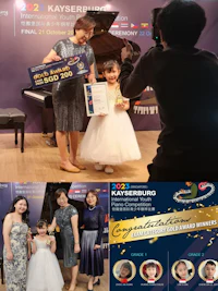 a photo of a woman and a little girl in front of a piano