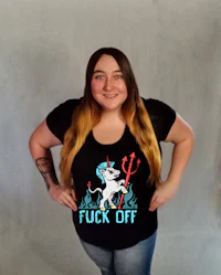 a woman wearing a black t - shirt that says fuck off