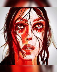 a drawing of a woman with blood on her face