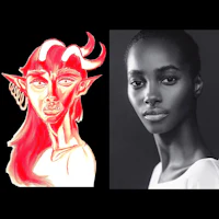 a black and white drawing of a woman with red hair and horns