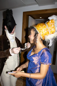 a woman wearing a blue dress