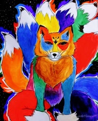 a painting of a colorful fox on a black background