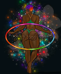 a black woman in a bikini with a rainbow hula hoop