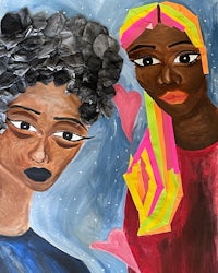 a painting of two black women standing next to each other