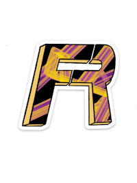 the letter r in purple and yellow on a black background