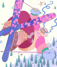 a cartoon character with skis in the air