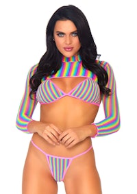 a woman is posing in a colorful striped bikini