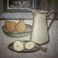 a pitcher with pears on it