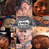 a collage of pictures of a woman's ear piercings