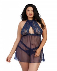 a plus size woman in a blue lace lingersuit