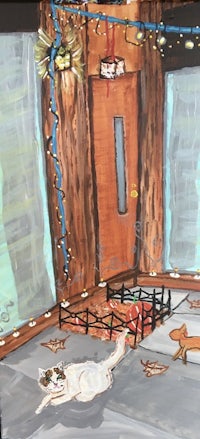 a painting of a room with a cat in it