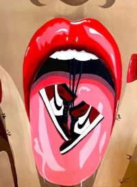 a painting of a woman's tongue with a pair of sneakers on it
