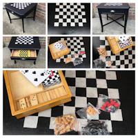 a collage of pictures of a chess table and a chess set