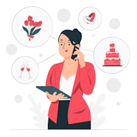 a woman is talking on the phone with a cake and flowers around her