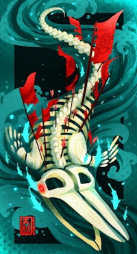 an illustration of a skeleton in the water