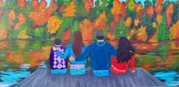 a painting of a family sitting on a dock in autumn