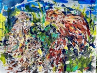 a painting of a group of chickens in the grass
