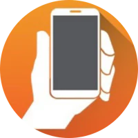 a hand holding a cell phone in an orange circle