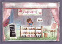 a girl is standing in front of a cupcake shop