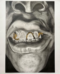 a drawing of a man with a snake in his mouth