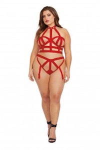 a plus size woman wearing a red lingersuit